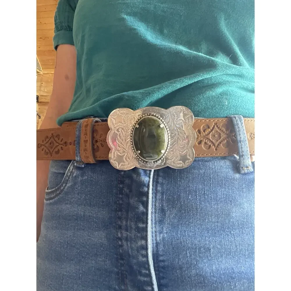 Vintage Western Belt Buckle Green Cabochon Nickel Silver Southwestern Cowboy